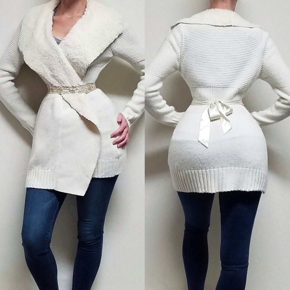 𝅺Vintage Brioche Off-White Knit Faux Fur Ultrasuede Shawl Collar Open Cardigan